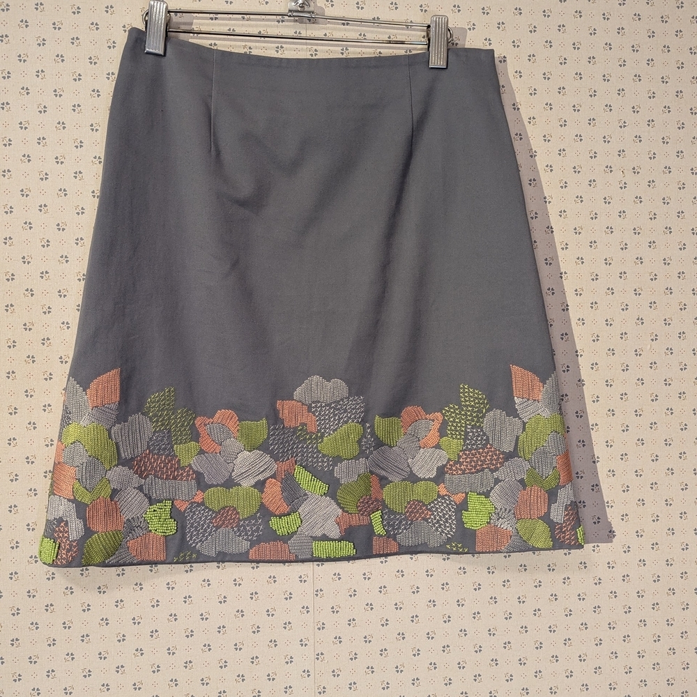 Boden Skirt 10P Cotton Embroidered Beaded Leaf Accents Boho Office Gray